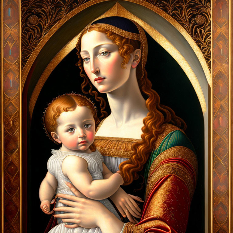 Renaissance-style painting of woman with blue headband and child