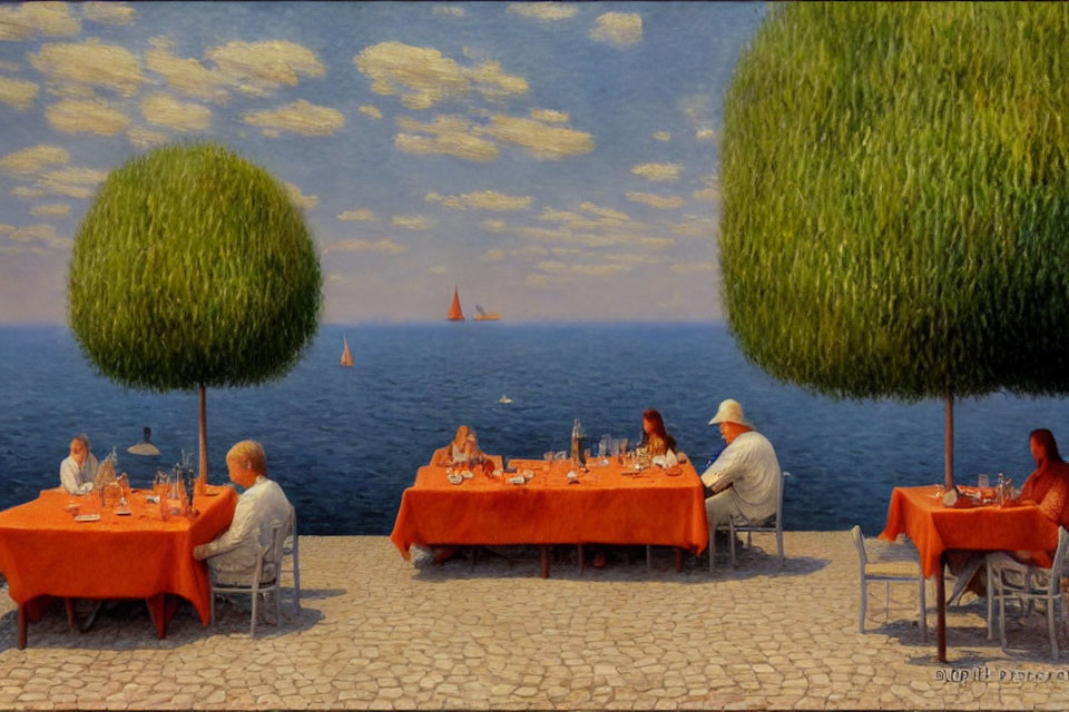 Surreal painting: People dining by blue sea with topiary trees