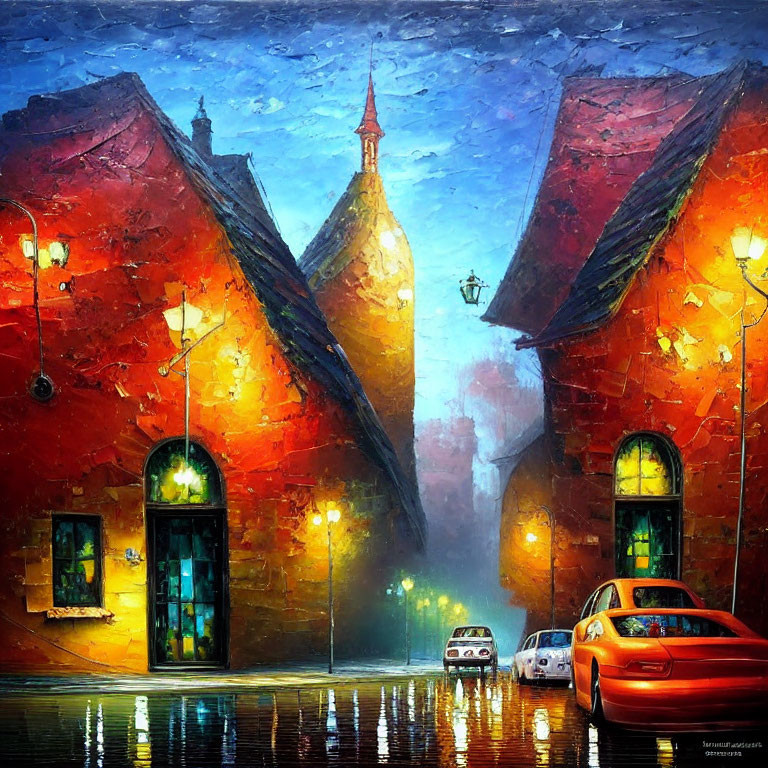 Rainy cobblestone street with illuminated buildings and parked cars under a deep blue sky