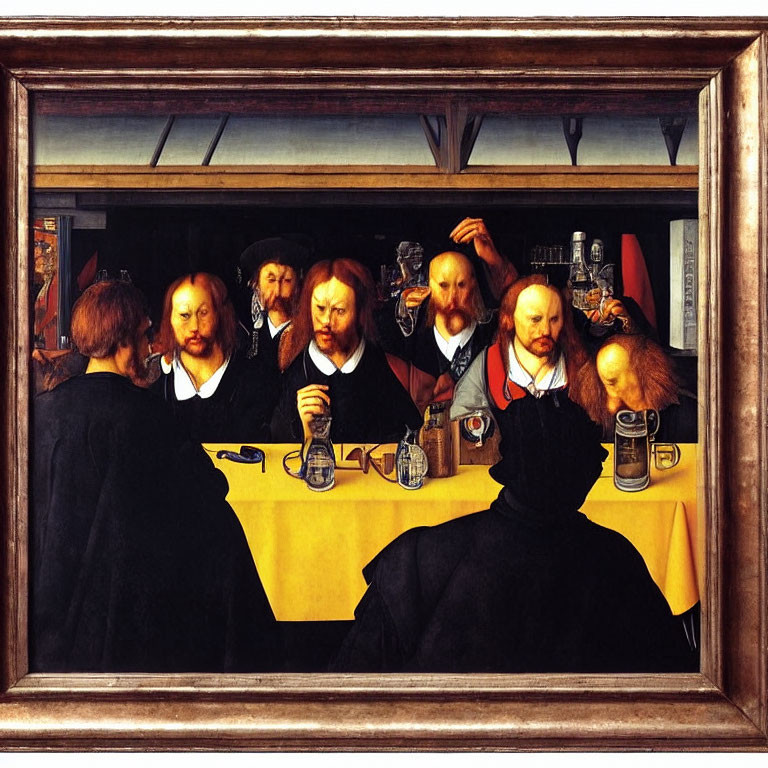 Renaissance men in discussion around table with beer glasses