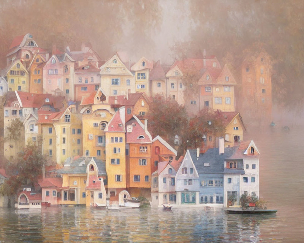 Colorful European-Style Houses by Tranquil River in Dreamy Mist