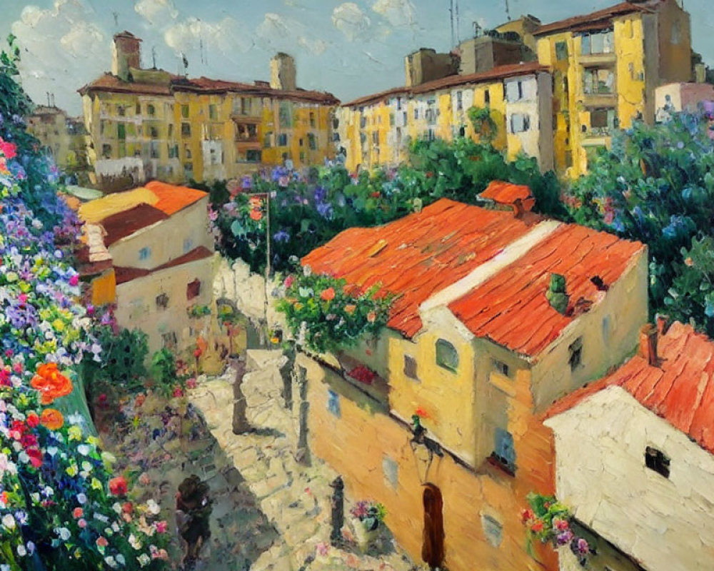 Colorful Oil Painting of Blooming Flowers and Quaint Buildings