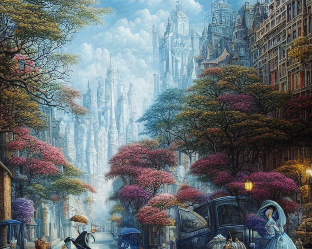 Gothic cityscape with blooming trees, vintage car, and cobbled street scene