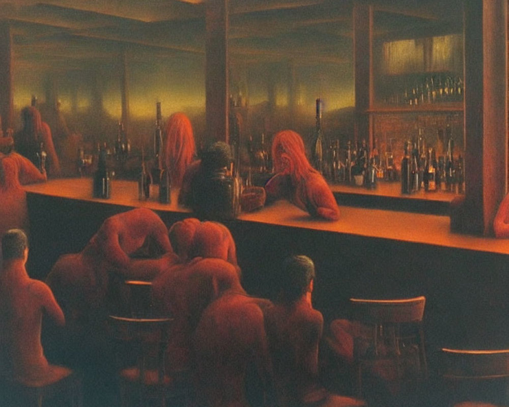 Dimly Lit Bar Scene with Red and Orange Patrons and Bottles
