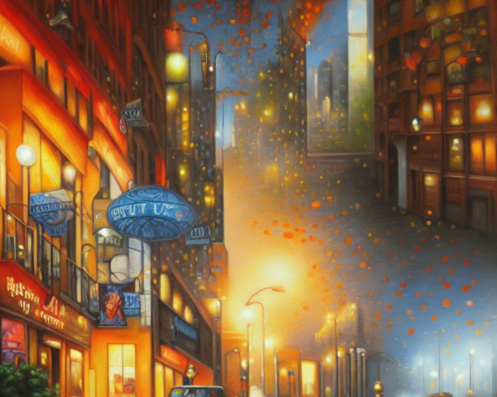 Illustration of City Street at Dusk with Glowing Lights
