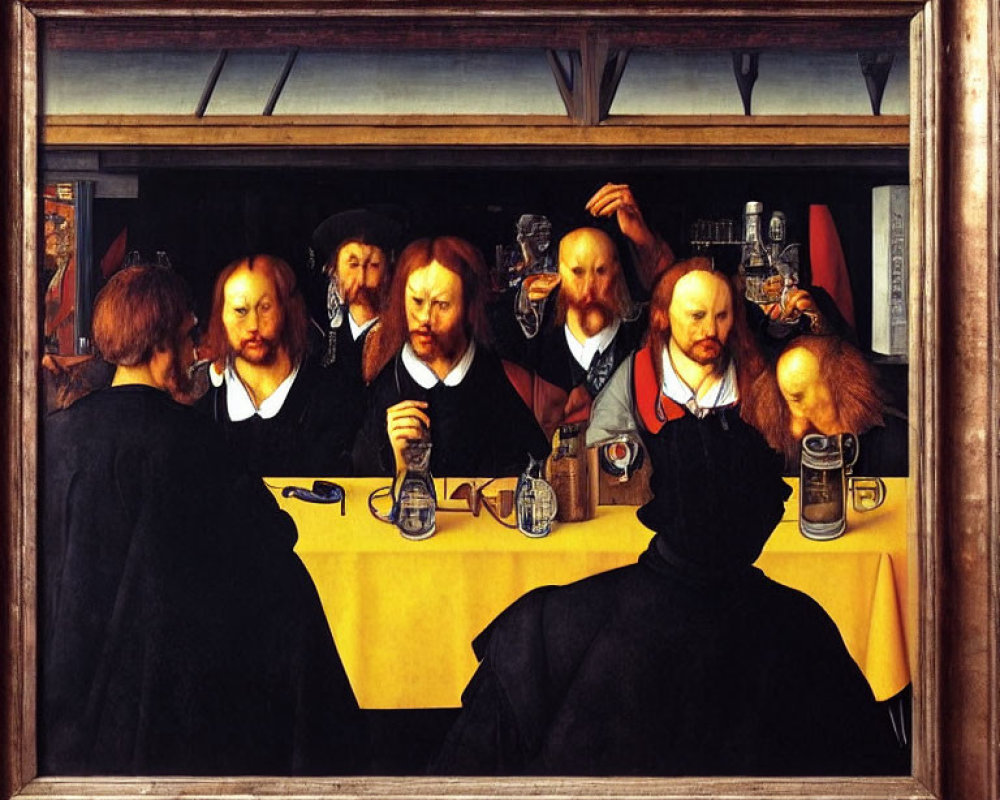 Renaissance men in discussion around table with beer glasses