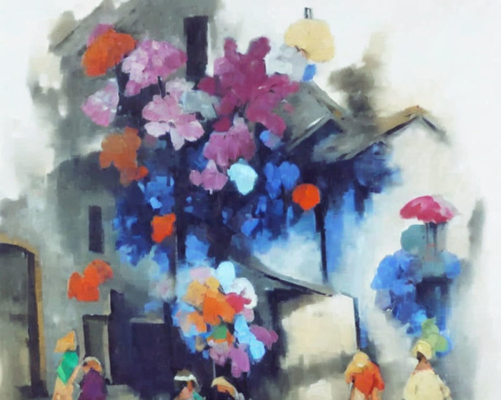Impressionist-style painting of figures with colorful umbrellas in rainy scene