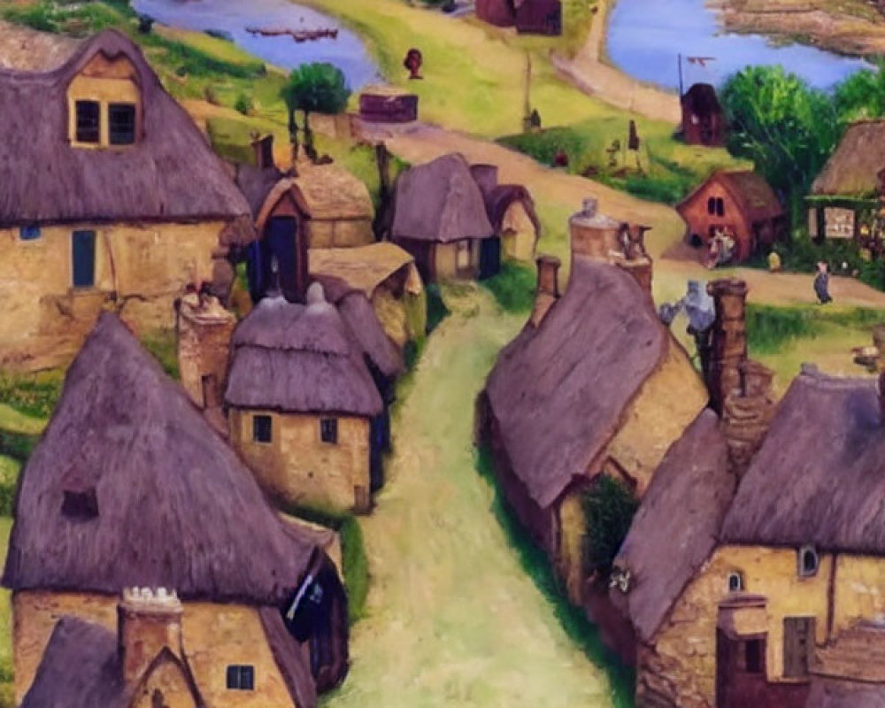 Scenic village with thatched-roof cottages, winding river, and rolling hills