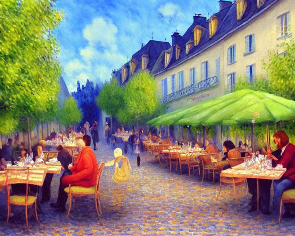 Colorful alfresco dining scene on tree-lined street at dusk