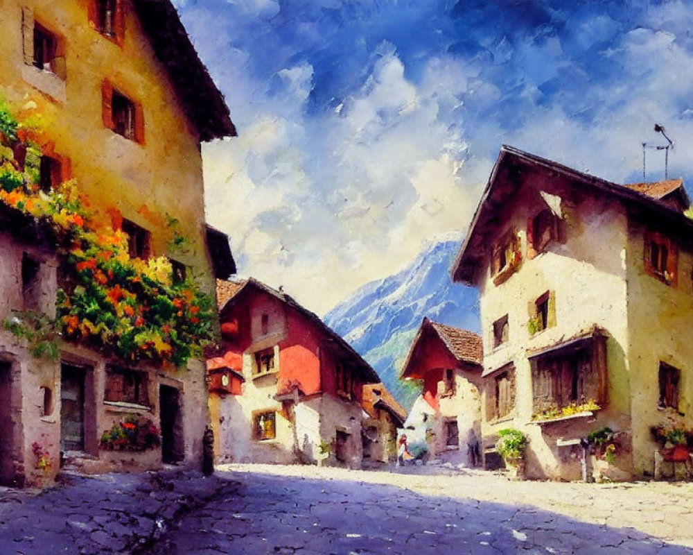 Colorful European-style houses on cobblestone street with mountain backdrop