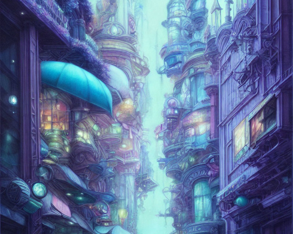 Ornate Cyberpunk Cityscape with Blue-Purple Glow and Greenery