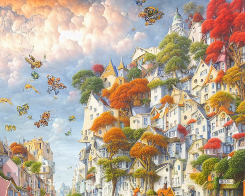 Whimsical cityscape with autumn trees and oversized bees