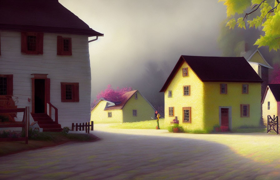 Tranquil village scene with yellow houses, autumn trees, and mist
