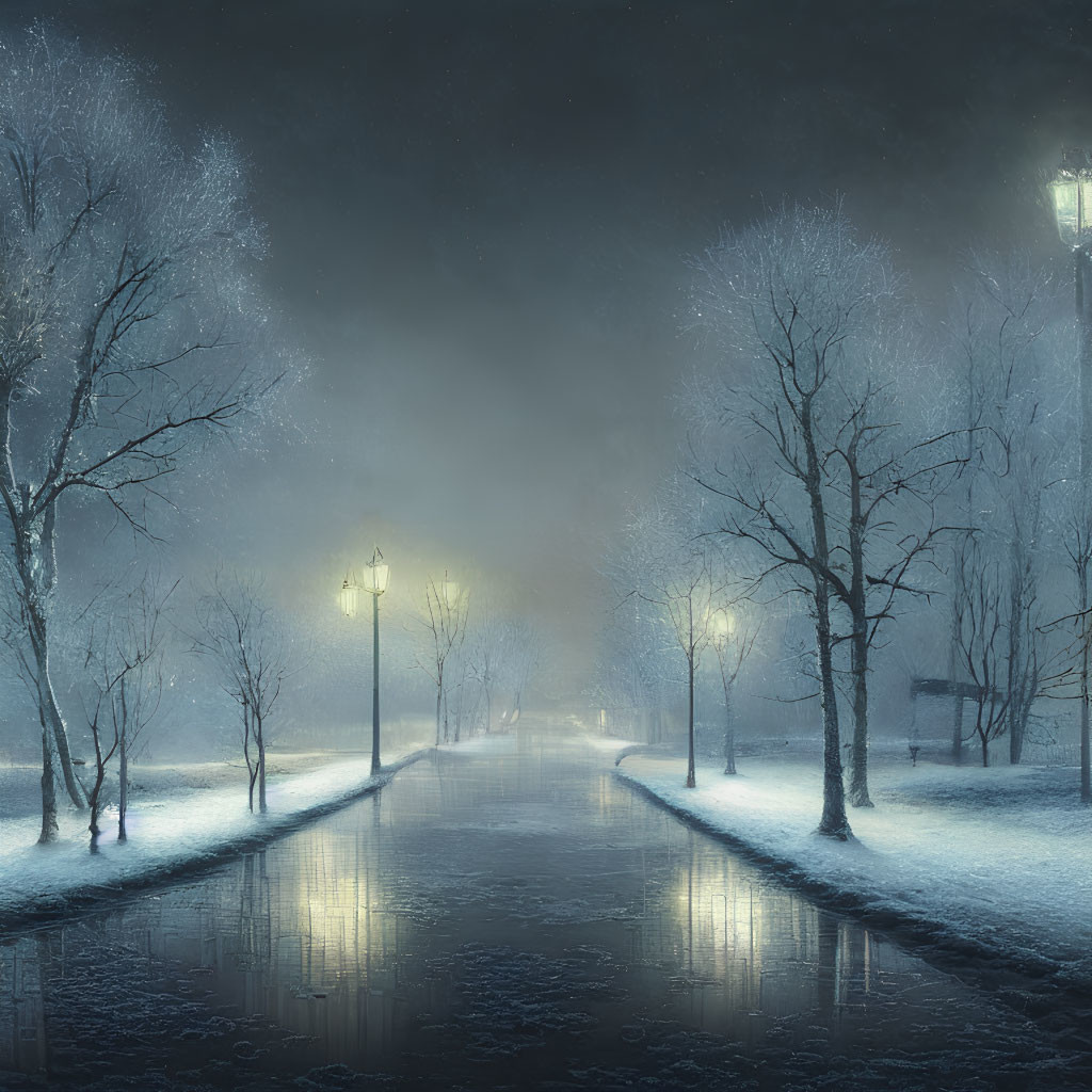 Snowy Night Park Scene with Glowing Street Lamps and Bare Trees