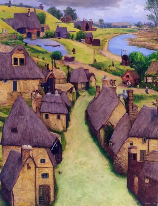 Scenic village with thatched-roof cottages, winding river, and rolling hills