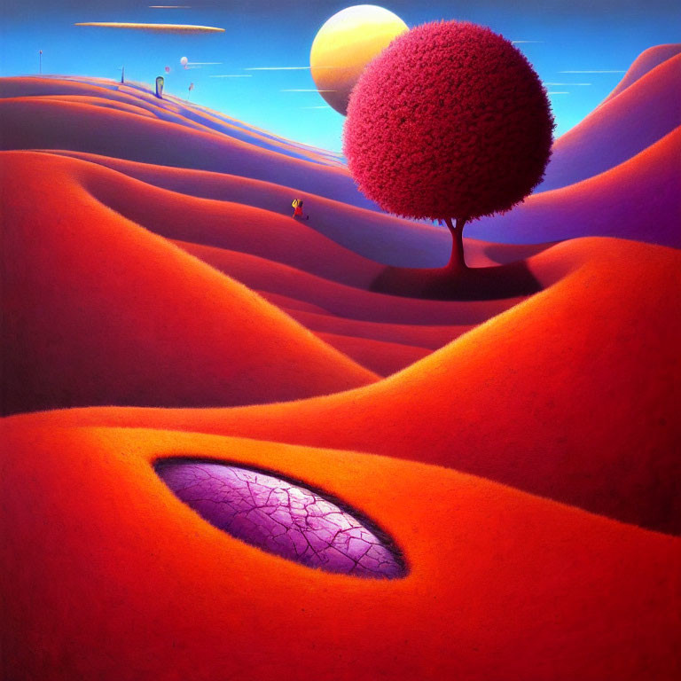Surrealist landscape with red hills, pink tree, purple pond, and dual moons