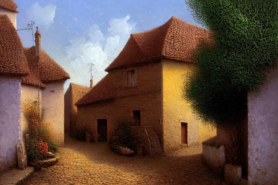 Tranquil painting of rustic village with cobblestone paths & quaint houses