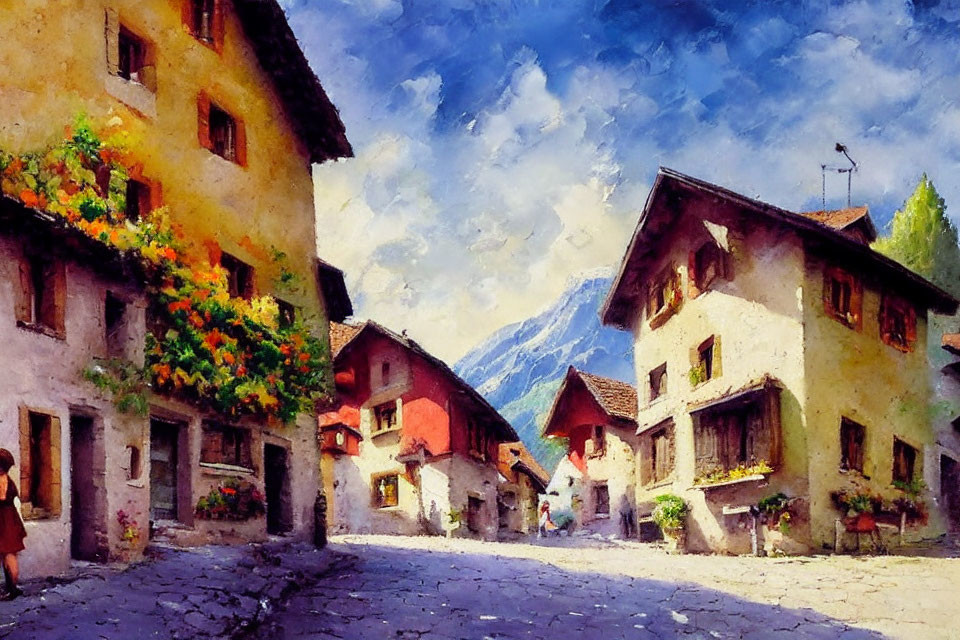 Colorful European-style houses on cobblestone street with mountain backdrop
