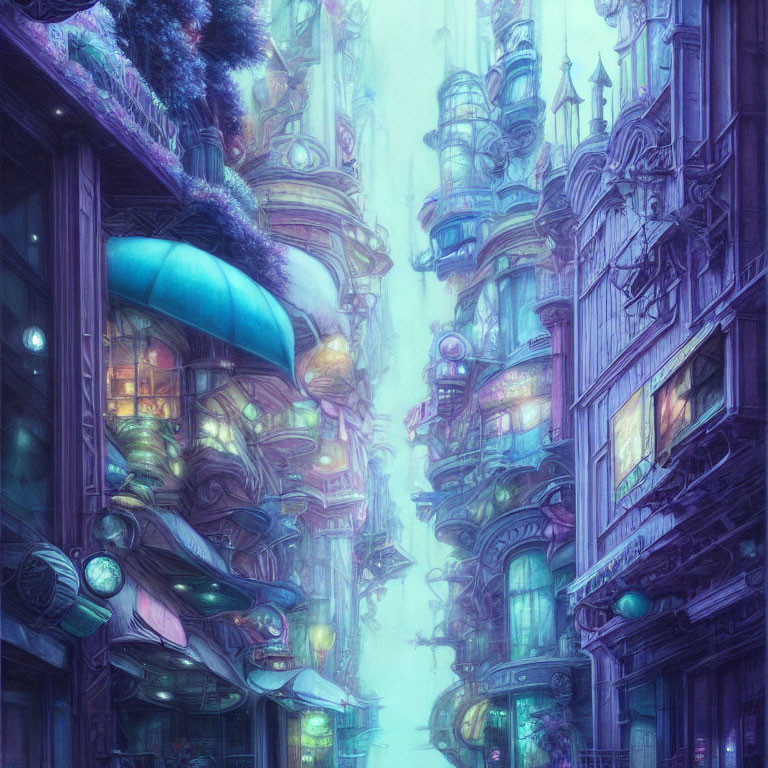 Ornate Cyberpunk Cityscape with Blue-Purple Glow and Greenery