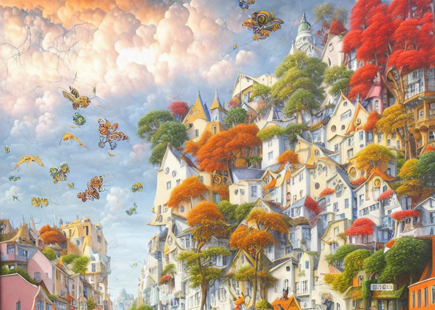 Whimsical cityscape with autumn trees and oversized bees