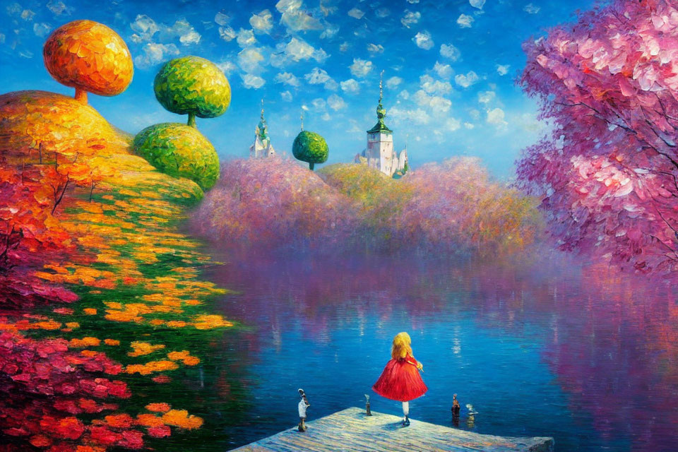 Colorful painting of girl in red dress on jetty with castle and ducks.