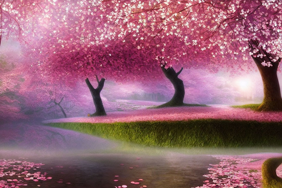 Tranquil landscape with pink cherry blossoms by a river at sunrise or sunset