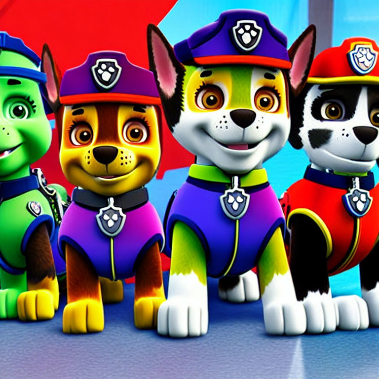 Four animated puppies in emergency service uniforms on blue background.