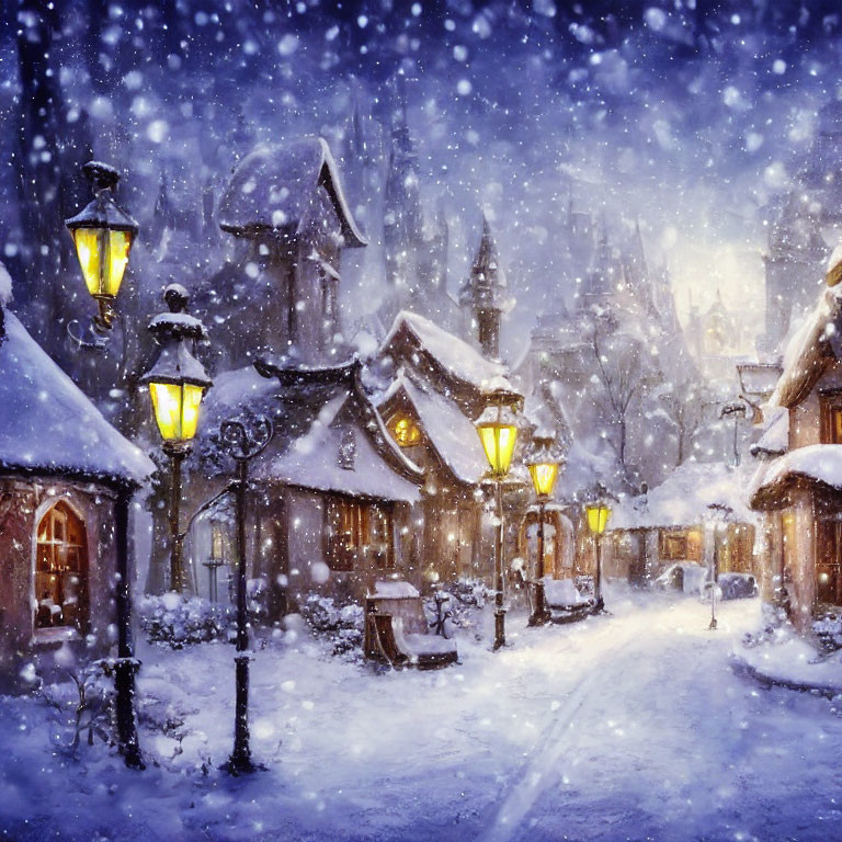 Snow-covered village with glowing street lamps and traditional houses on serene snowy night