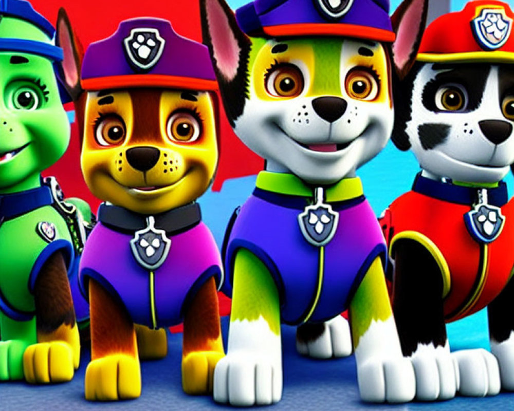Four animated puppies in emergency service uniforms on blue background.