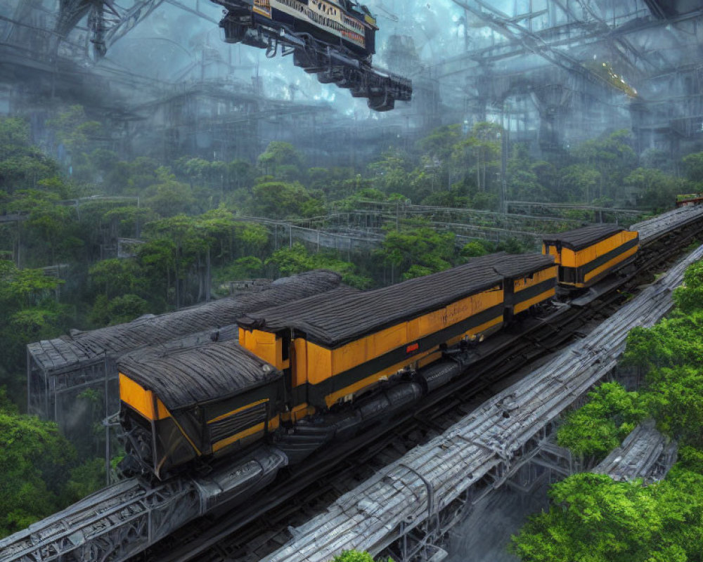 Futuristic suspended train in green industrial setting with fog and machinery