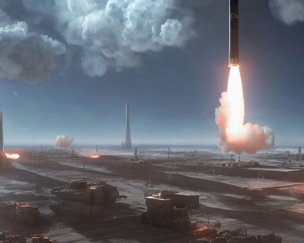 Rocket Launch at Sprawling Launch Site with Billowing Clouds