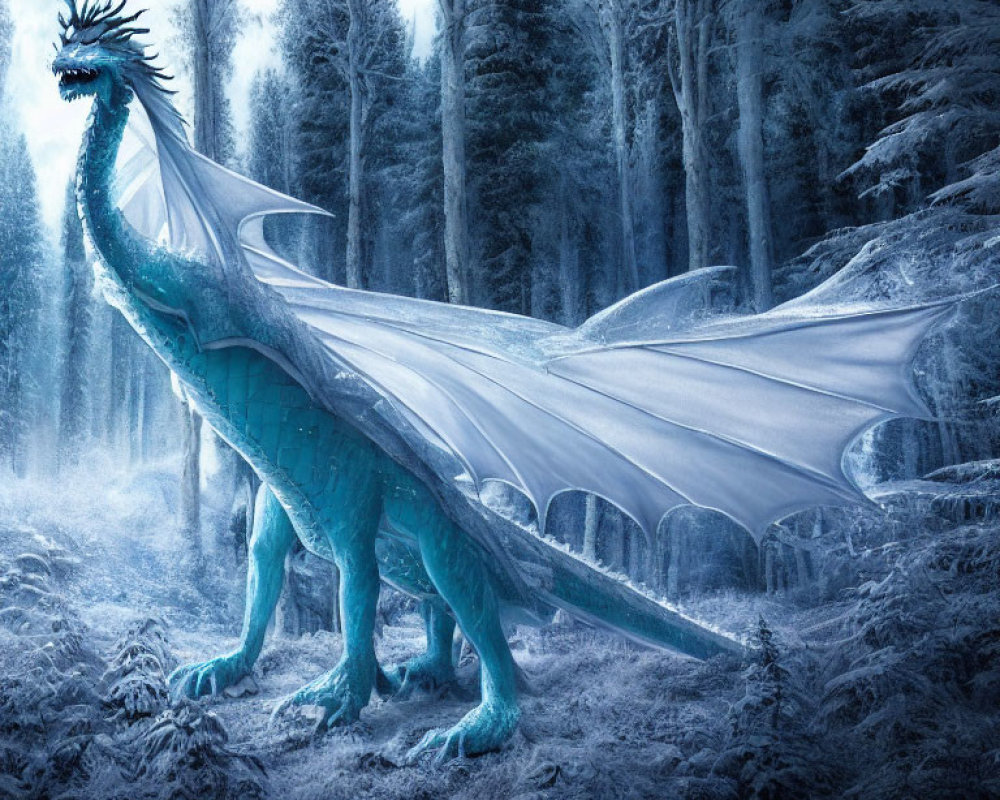 Blue dragon with translucent wings in frosty forest among snow-covered trees