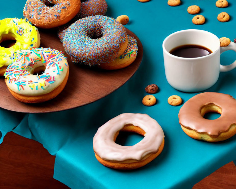 Assorted colorful donuts, cookies, and coffee on wooden board.