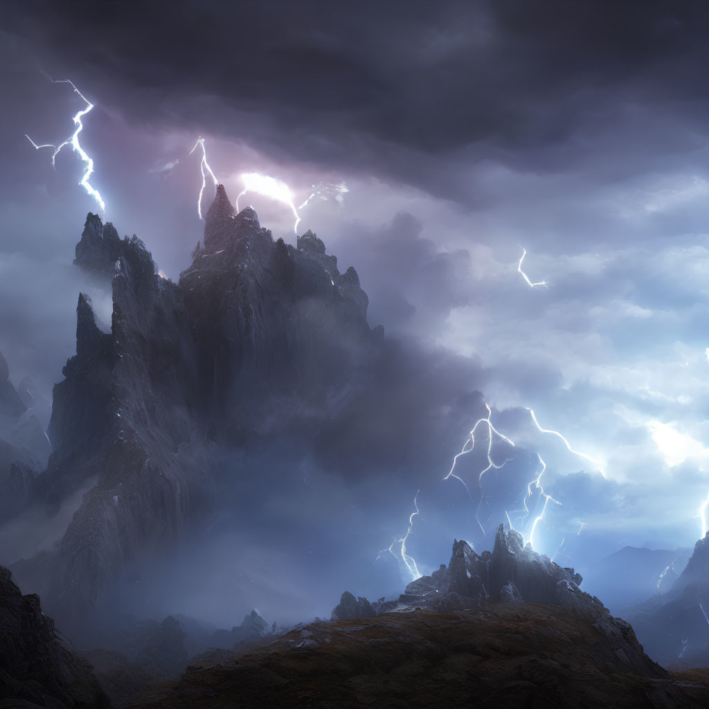Stormy Sky Over Jagged Mountain Peaks: Dramatic Landscape Scene