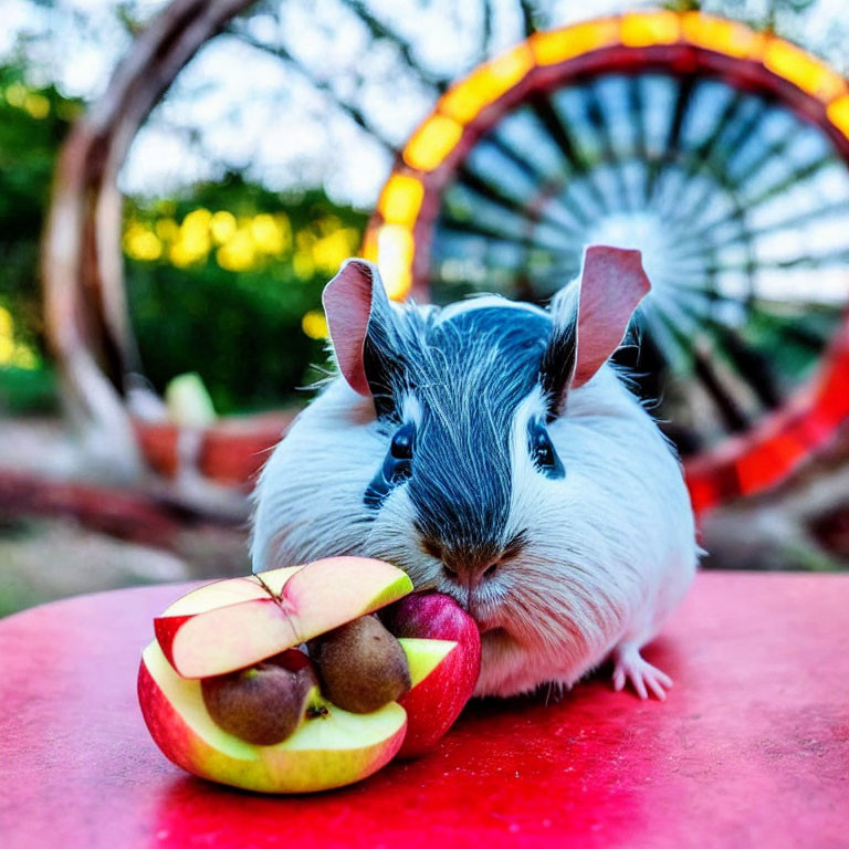 Guinea Pig with Sliced Apple and Blurred Ferris Wheel