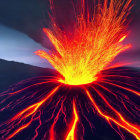 Bright lava spewing in nighttime volcanic eruption