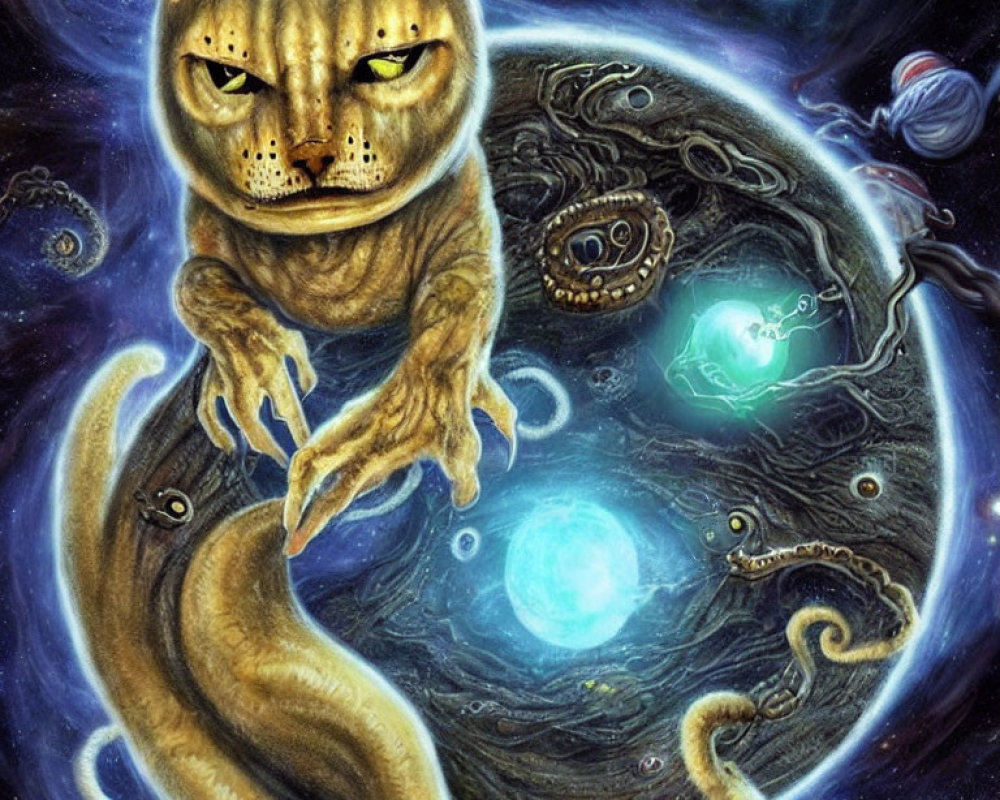 Illustration: Cat with human-like eyes in cosmic galaxy with orbs and serpentine creatures.