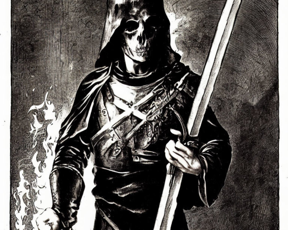 Monochrome skeletal figure in hooded cloak with flaming scythe