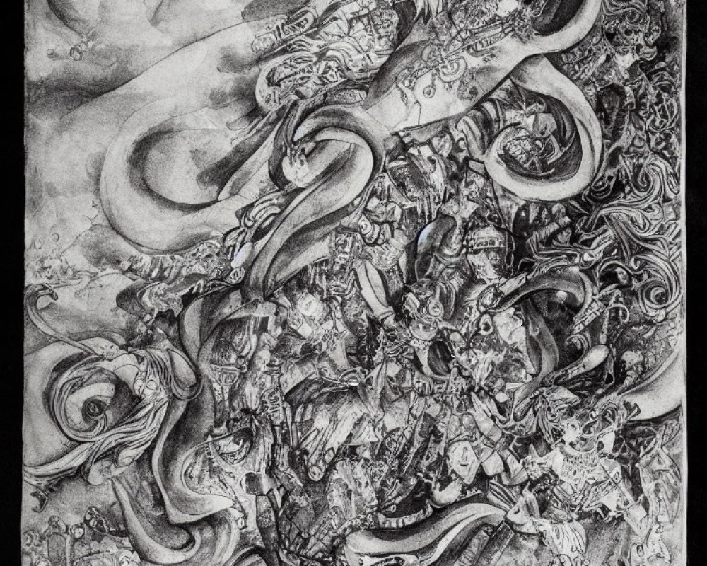 Detailed black-and-white sketch of mythical creatures in a tumultuous scene.