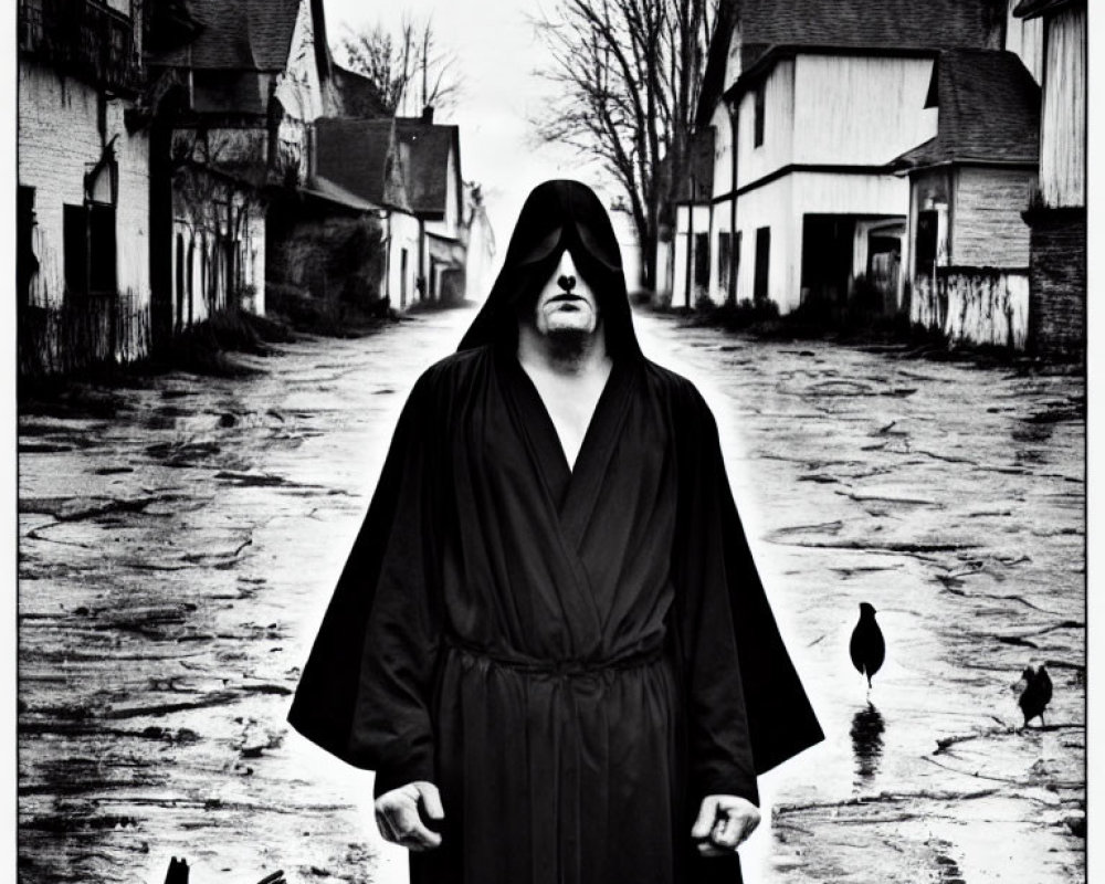 Hooded figure on desolate street with abandoned houses and crows.