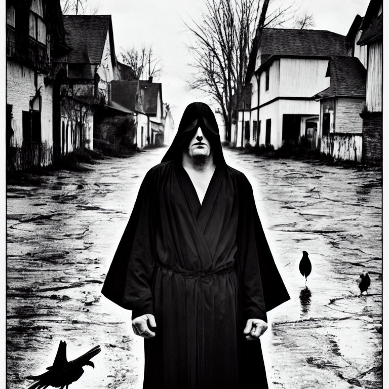 Hooded figure on desolate street with abandoned houses and crows.