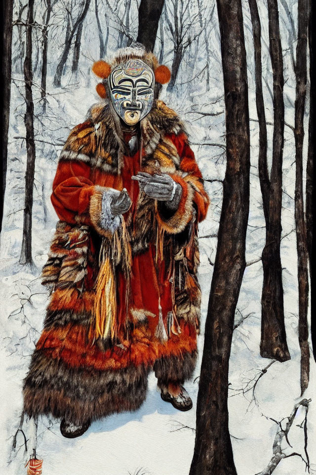 Person in Traditional Attire with Mask and Smartphone in Snowy Forest