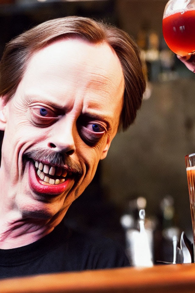 Exaggerated cartoonish face with large eyes and wide grin holding a glass of amber liquid