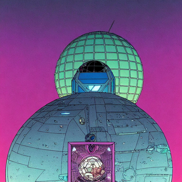 Illustration of spherical structure on grid pattern with antenna in retro-futuristic setting