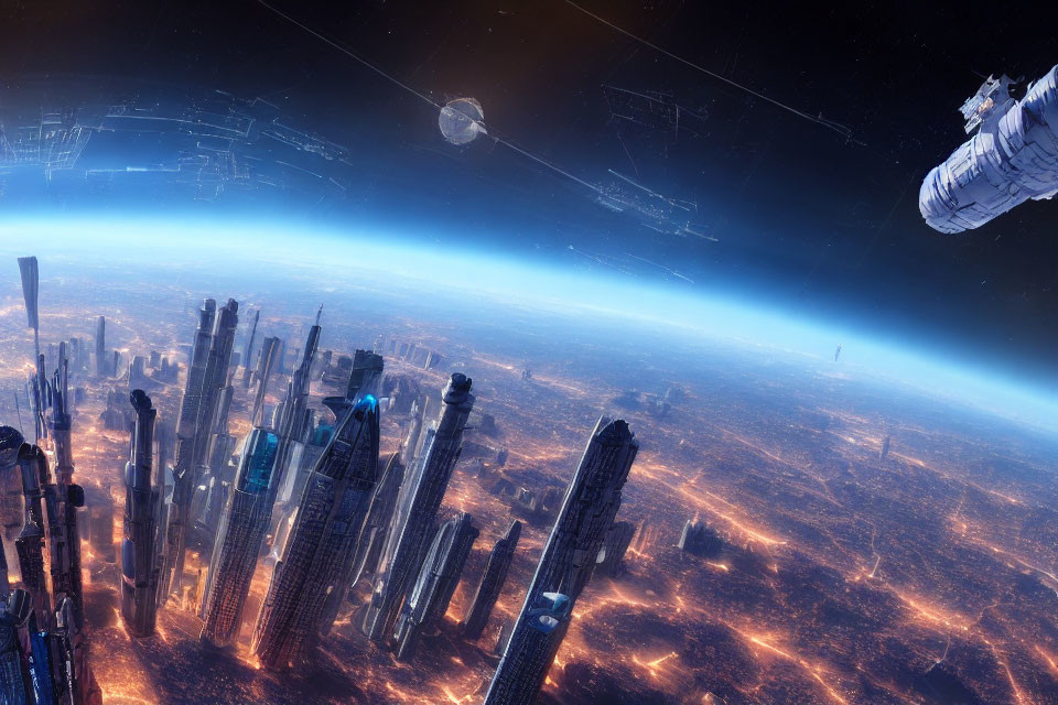 Futuristic cityscape with skyscrapers, space stations, and starlit horizon