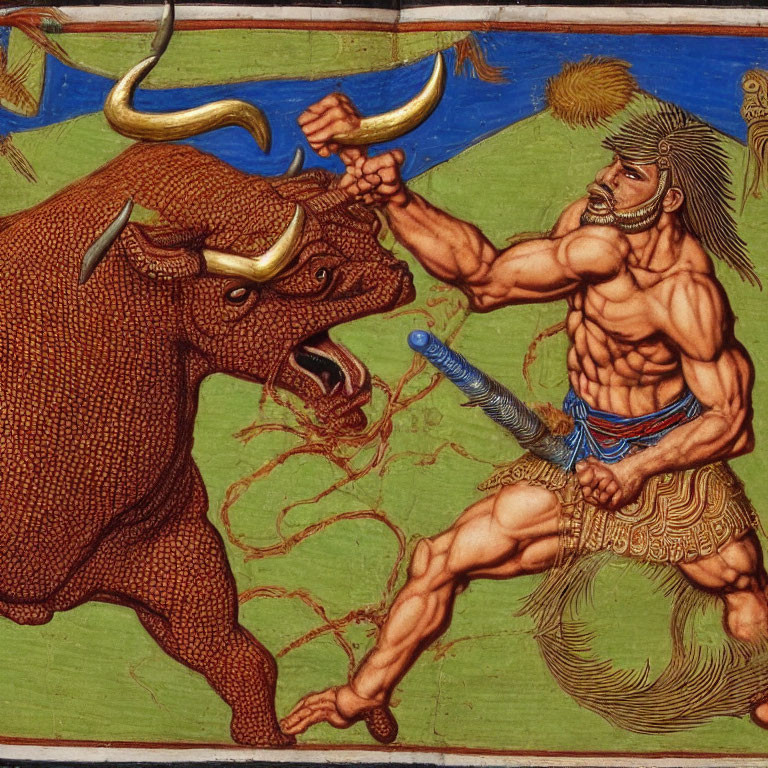 Muscular man wrestling large bull in vivid illustration