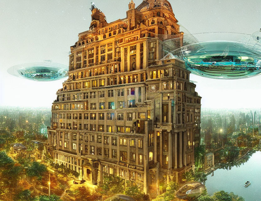 Futuristic cityscape with ornate building, greenery, and flying saucers