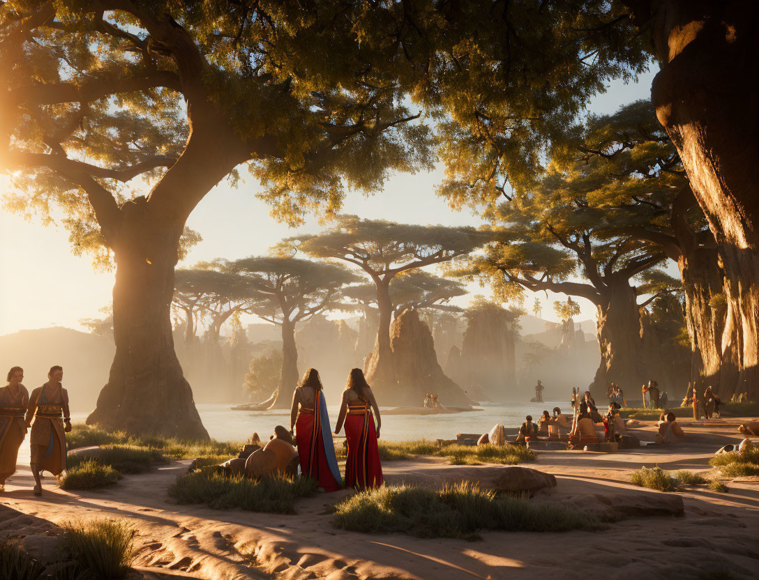 Traditional Attire People Among Giant Baobabs in Warm Sunlight