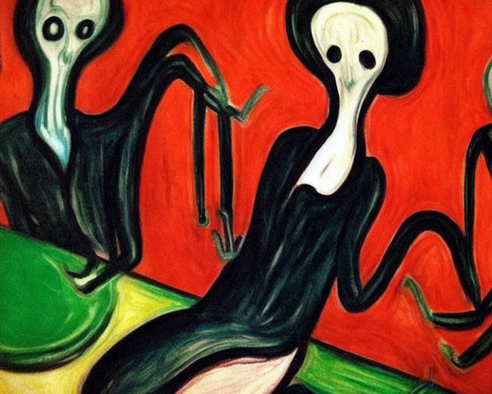 Stylized figures with elongated limbs on vibrant red and green background