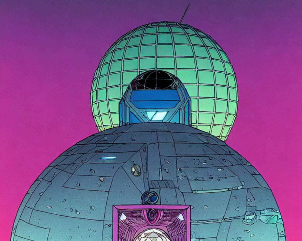 Illustration of spherical structure on grid pattern with antenna in retro-futuristic setting